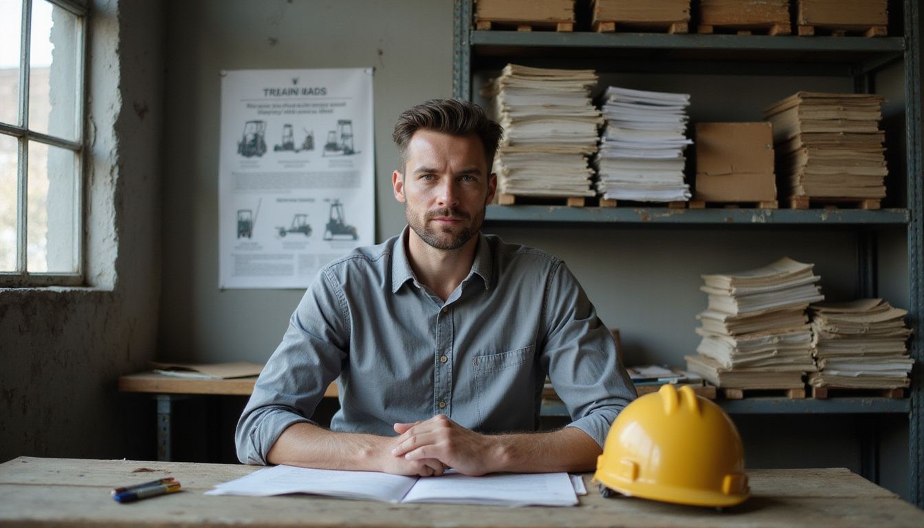 A man studies a forklift certification manual at a worn desk. A man studies a forklift certification manual at a worn desk.