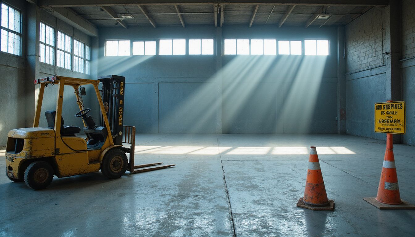 An empty warehouse features a forklift and safety cones amidst dust.