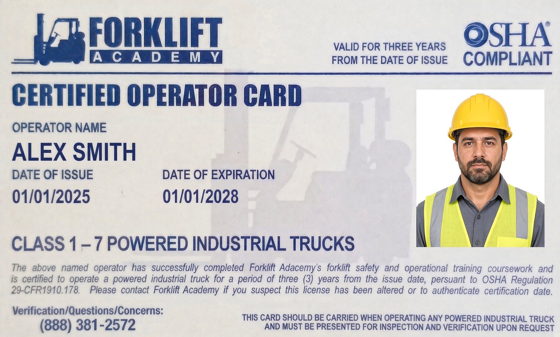 Example printed operator card with photo