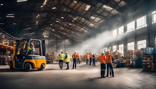 Workers practicing safety measures in a bustling industrial warehouse.