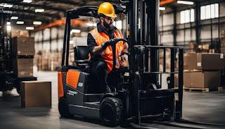 A forklift operator performing equipment inspection in an industrial warehouse.