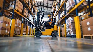 A forklift operator wearing safety gear maneuvers through a warehouse. A forklift operator wearing safety gear maneuvers through a warehouse.