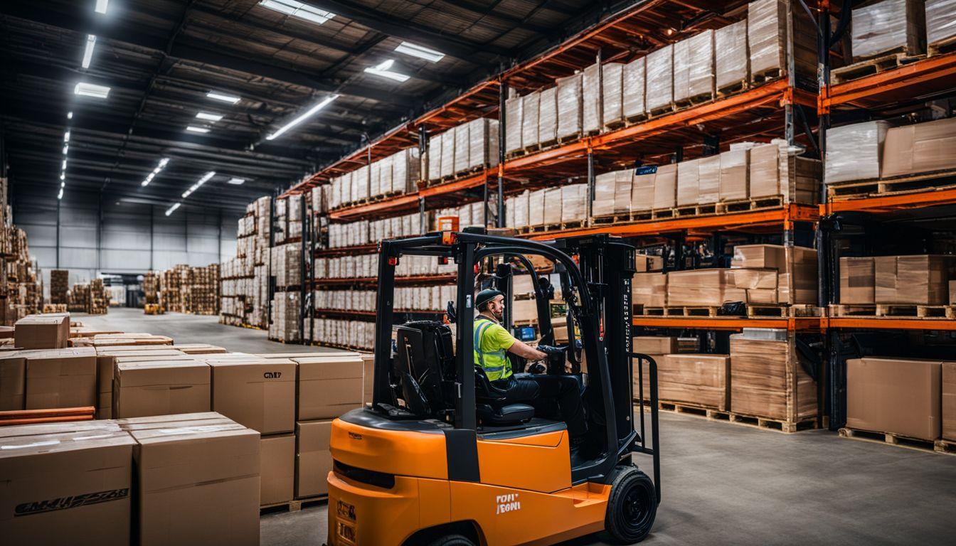 A warehouse operator efficiently working in a busy warehouse environment. A warehouse operator efficiently working in a busy warehouse environment.