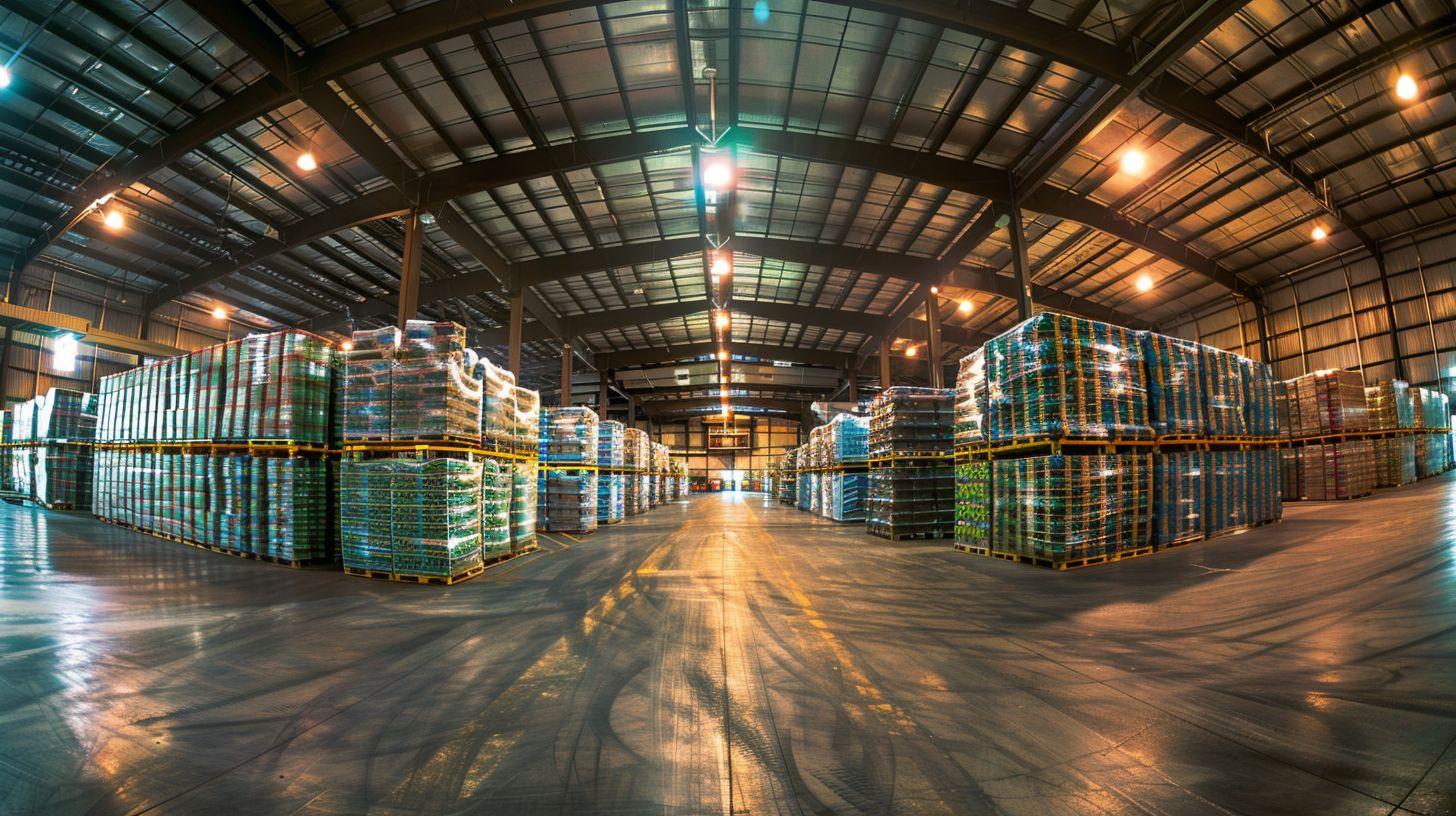 A well-organized and high-paying warehouse with neatly stacked pallets.