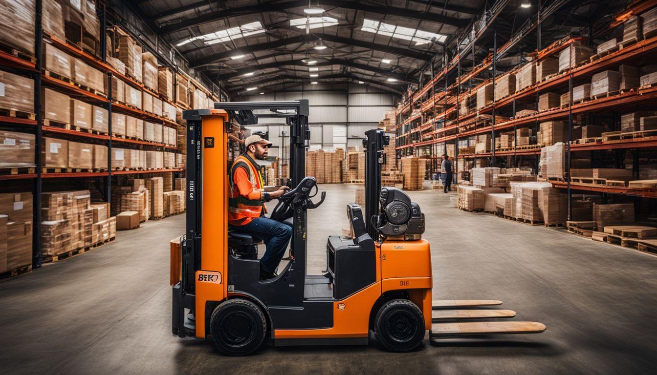 A forklift operator working in a busy warehouse surrounded by crates.