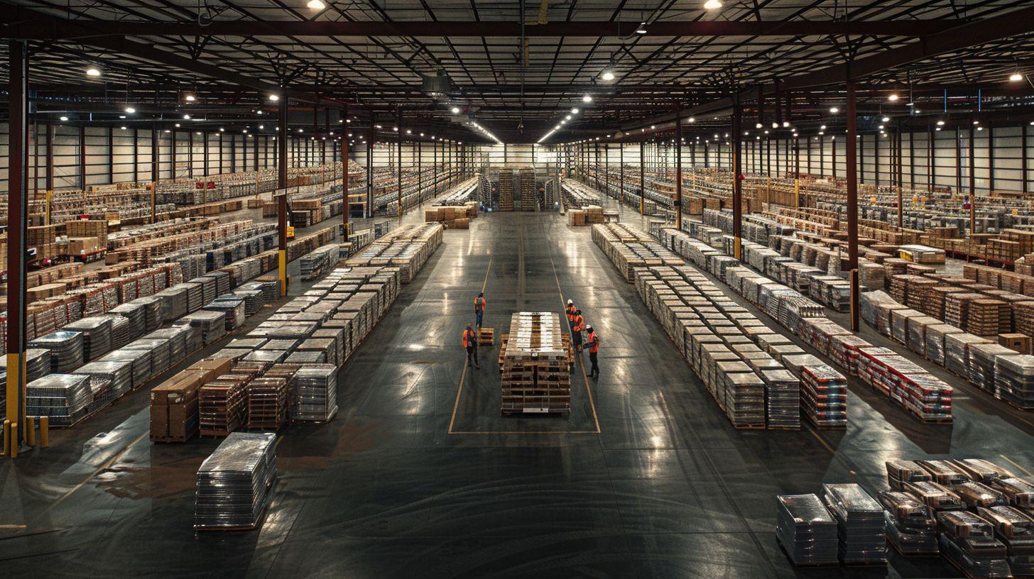 A well-organized and high-paying warehouse with neatly stacked pallets.