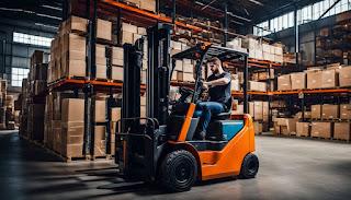A forklift operator navigating through a busy warehouse.