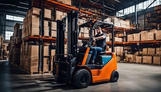 A forklift operator navigating through a busy warehouse. A forklift operator navigating through a busy warehouse.