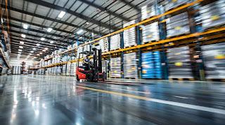 A forklift operating in a busy warehouse captured with a wide-angle lens.