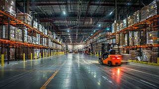 A forklift operating in a busy warehouse captured with a wide-angle lens. A forklift operating in a busy warehouse captured with a wide-angle lens.