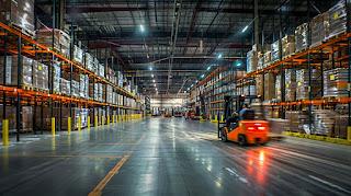 A forklift operating in a busy warehouse captured with a wide-angle lens.