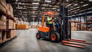 A forklift operator undergoing training in a modern warehouse. A forklift operator undergoing training in a modern warehouse.