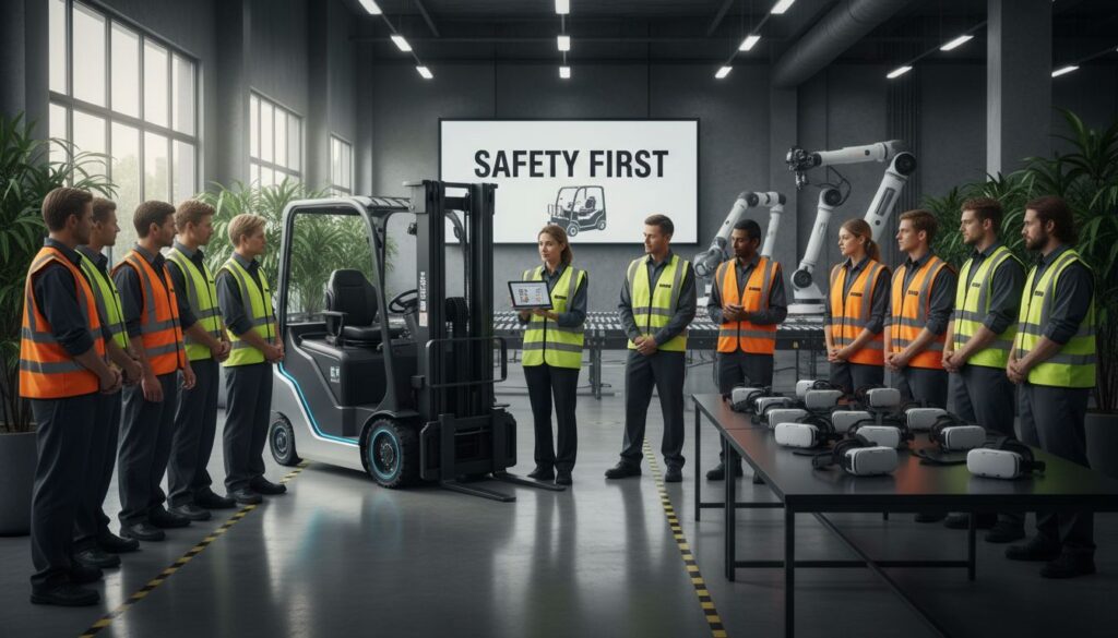 Modern forklift training session in high-tech warehouse