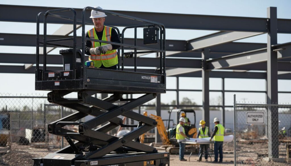 Operator controlling scissor lift at construction site