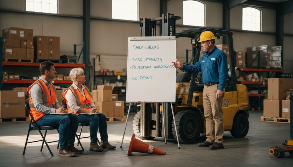 Forklift safety class in warehouse classroom