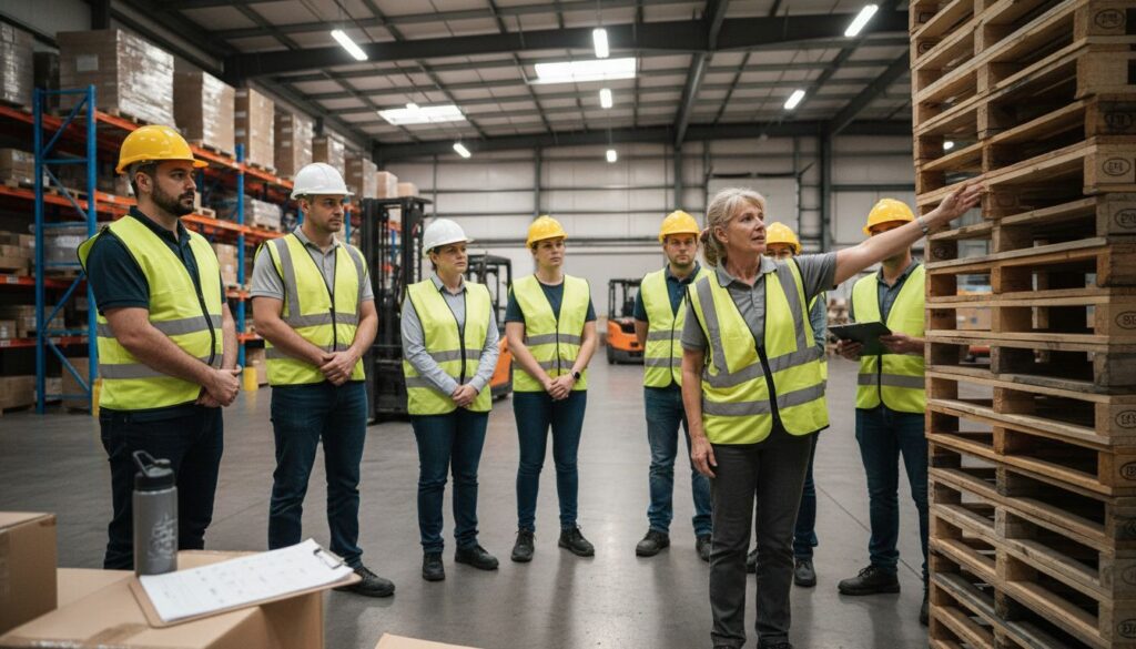 Supervisor leads warehouse safety training group