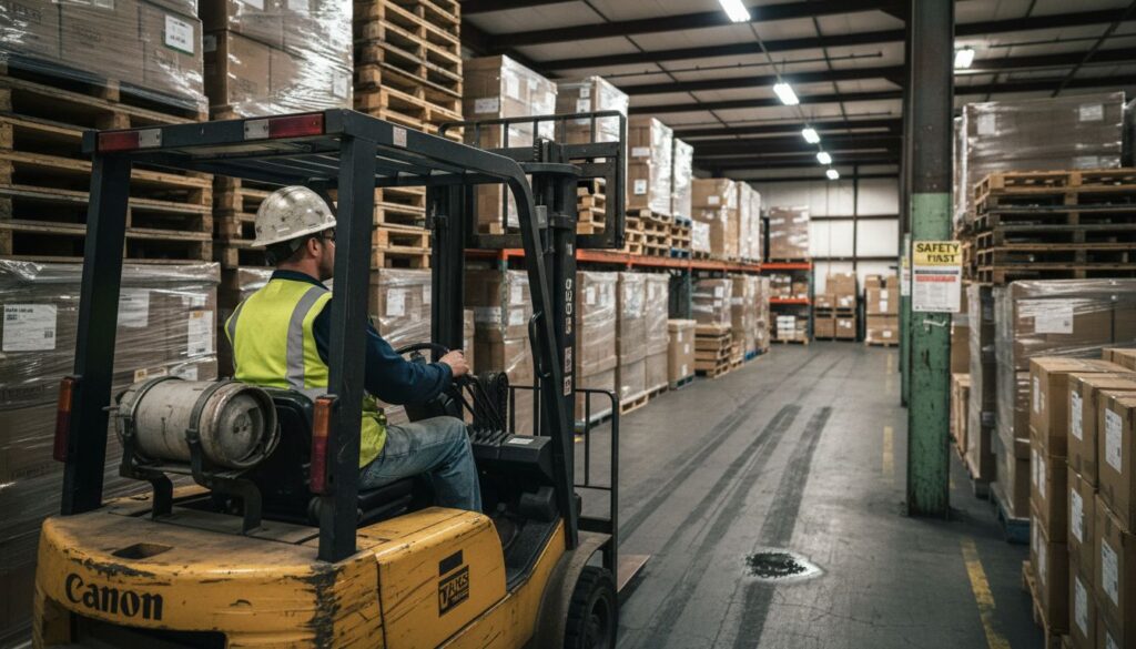 Forklift operator driving in busy warehouse