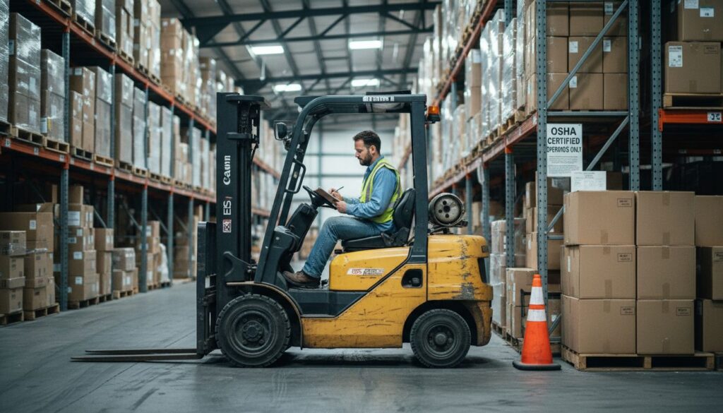 Forklift operator reviewing clipboard in warehouse