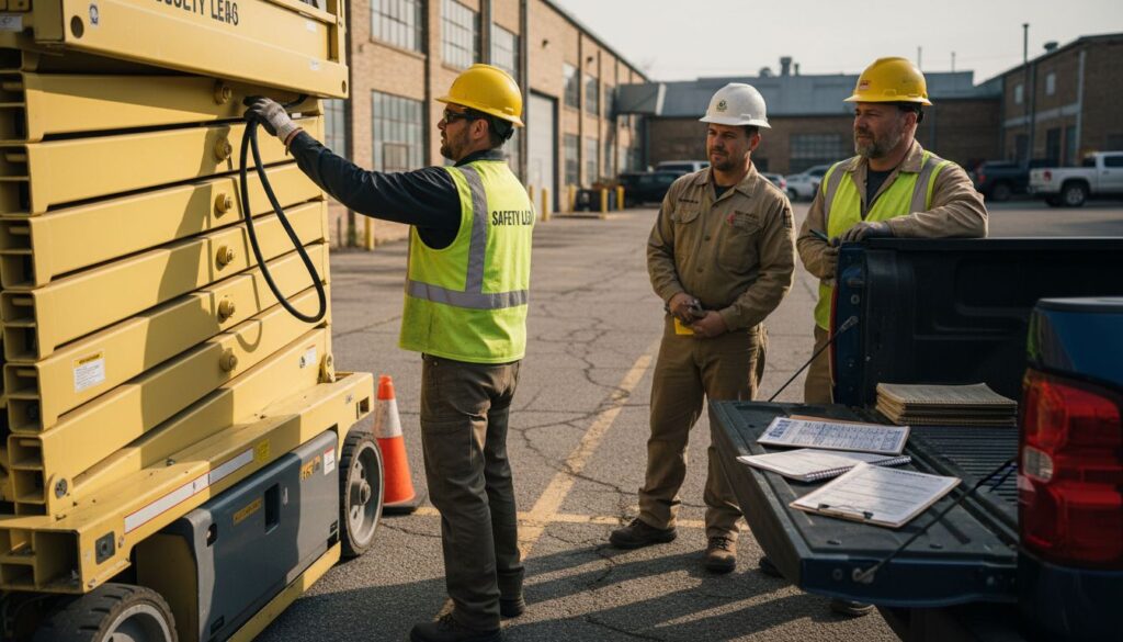 Trainer explains scissor lift safety inspection outdoors
