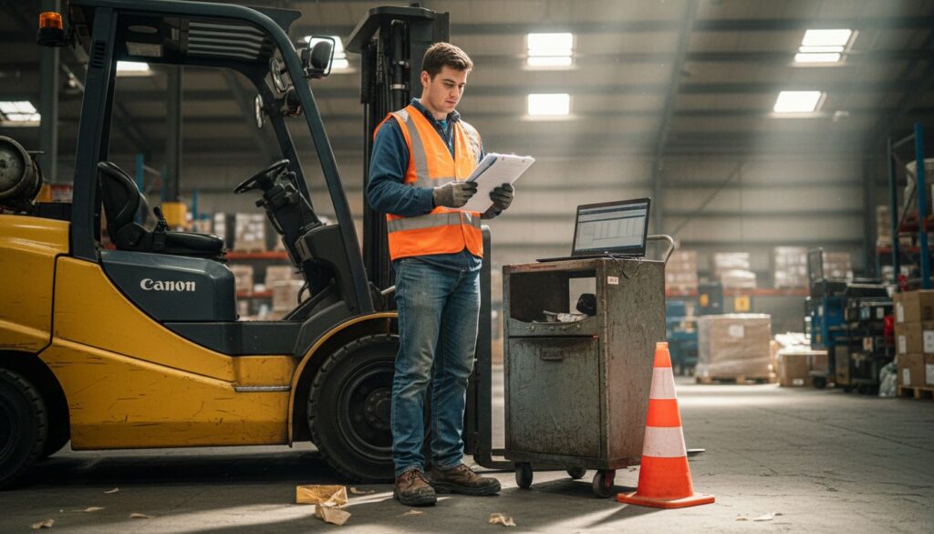 Forklift operator checking documents in warehouse