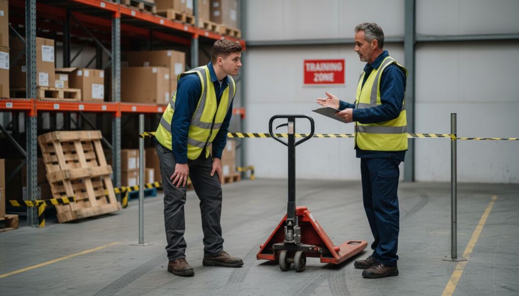 Warehouse trainee learning pallet jack basics