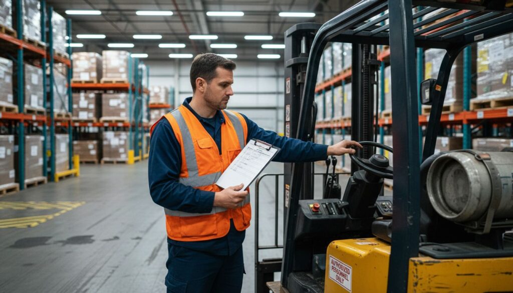 Forklift operator inspects vehicle for OSHA compliance