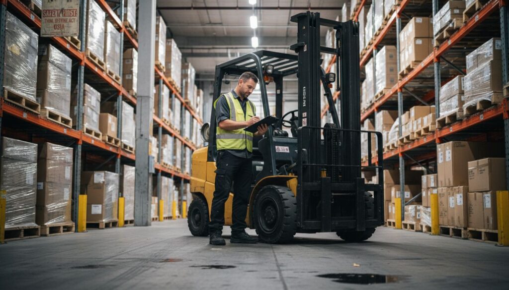 Forklift operator reviews checklist in warehouse
