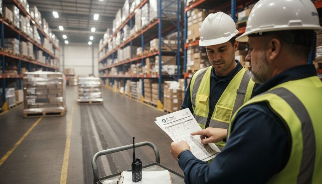 Supervisor and operator reviewing forklift evaluation