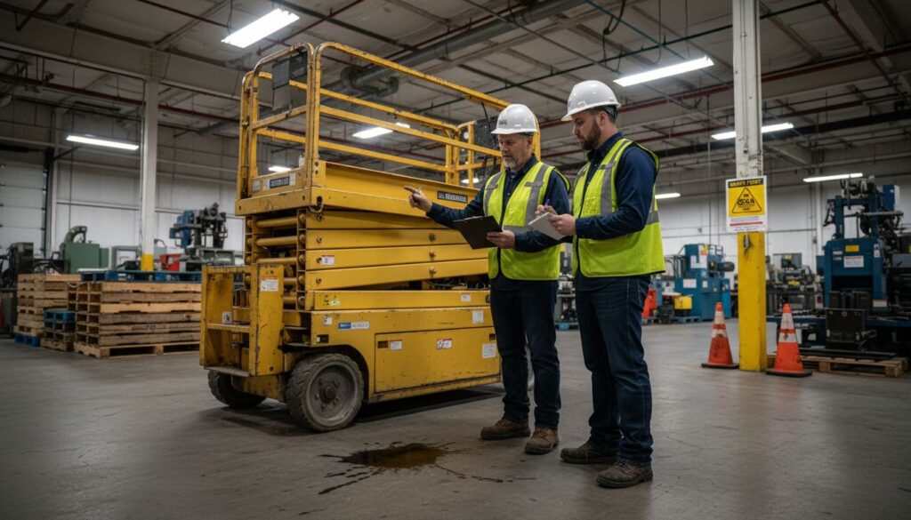 Safety instructor reviewing scissor lift operation checklist