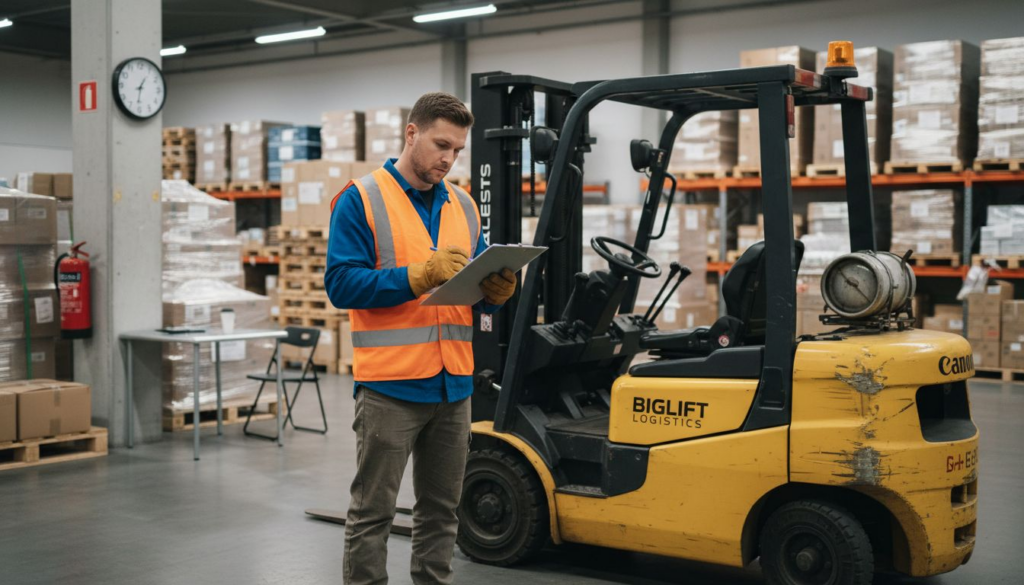 Operator checking forklift against warehouse checklist