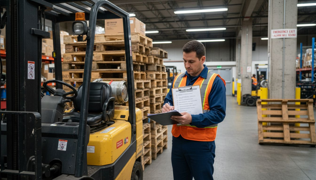 Forklift operator reviewing safety checklist in warehouse