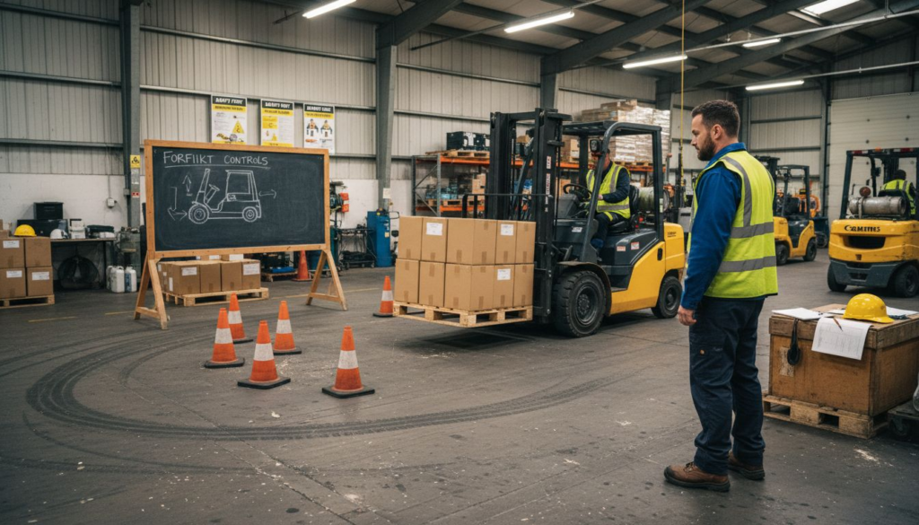 Forklift operator watching safety training in warehouse