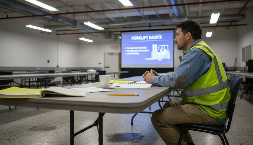 Forklift operator in classroom training session