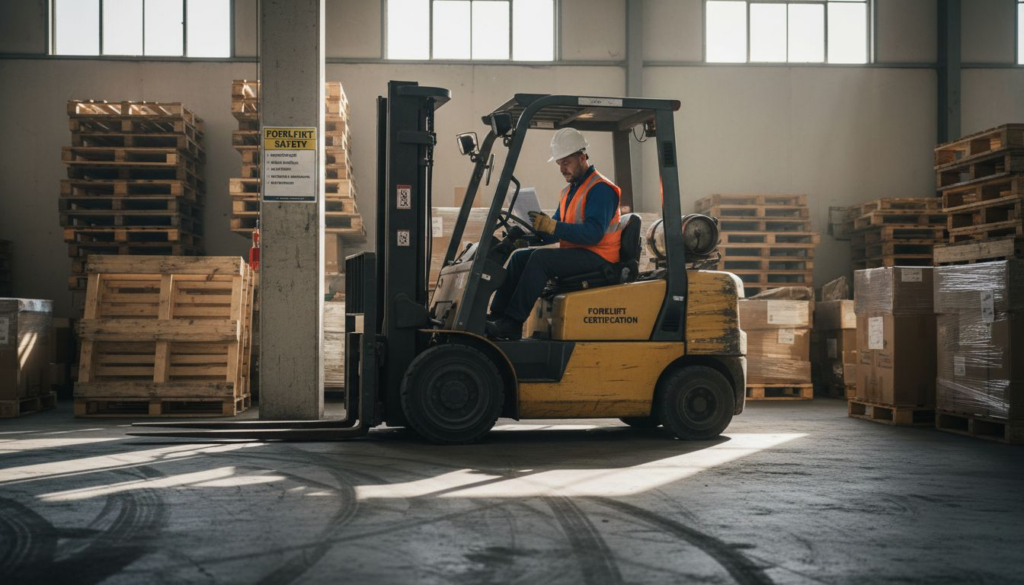 Forklift operator reviewing certification in warehouse