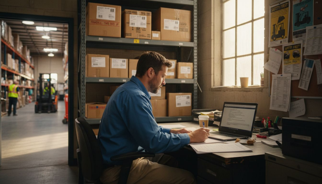 Operator learning forklift skills in warehouse