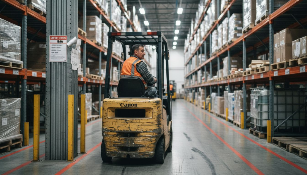 Forklift operator practicing safe navigation in warehouse