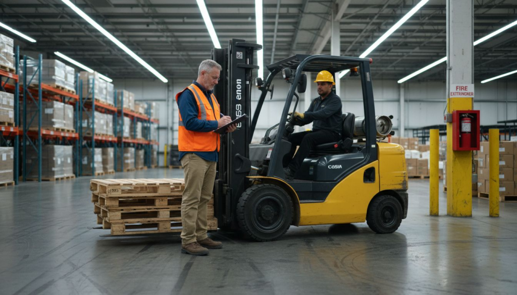 OSHA inspector examining forklift in warehouse