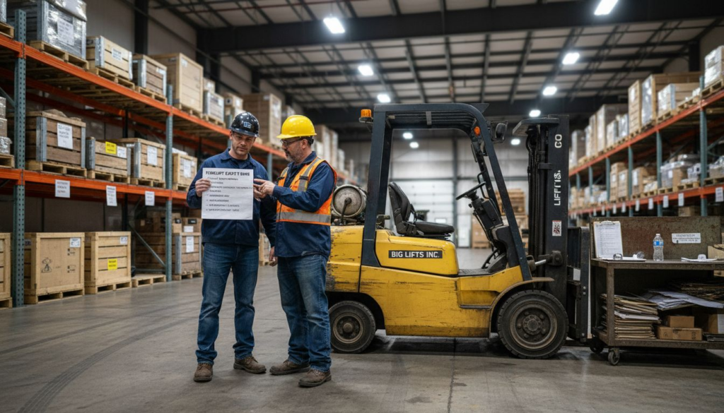 Warehouse workers reviewing forklift safety terms