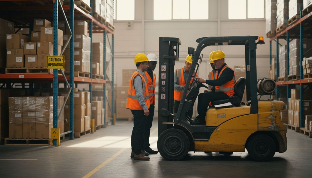 Forklift trainer instructing workers in warehouse