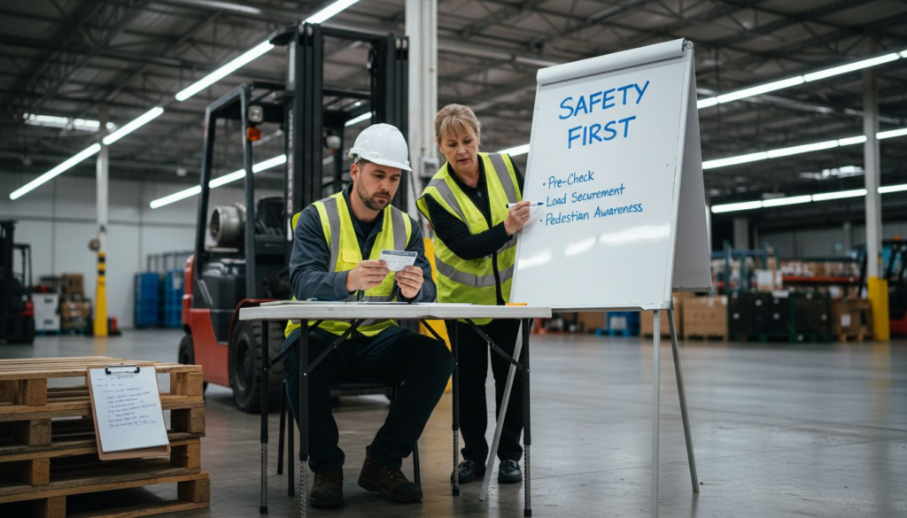 Warehouse forklift operator studying safety certification