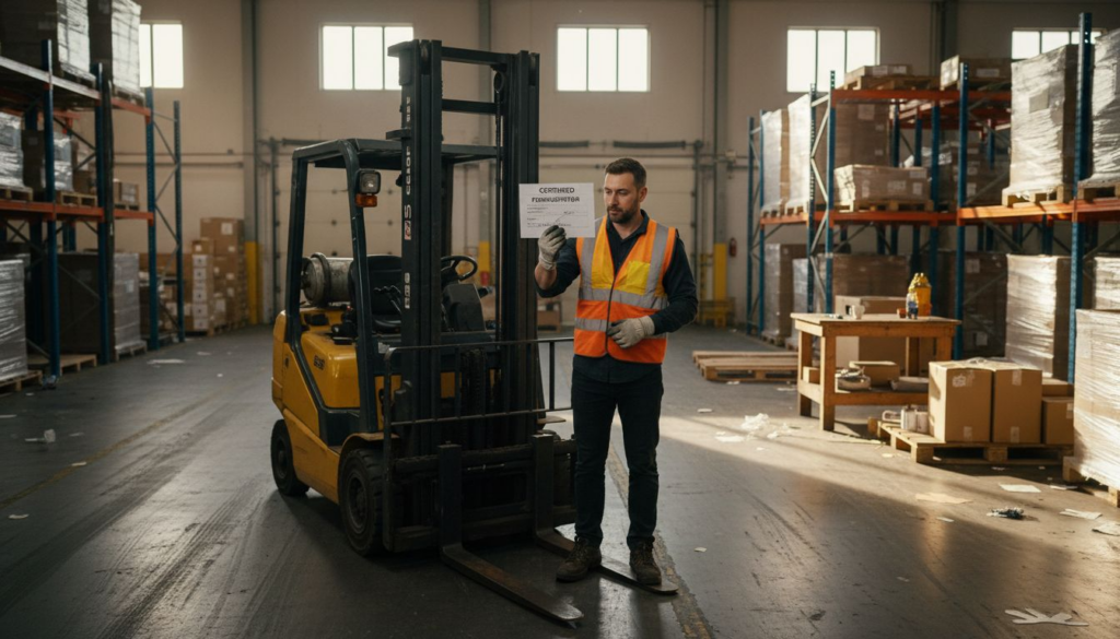 Operator displaying training card in warehouse