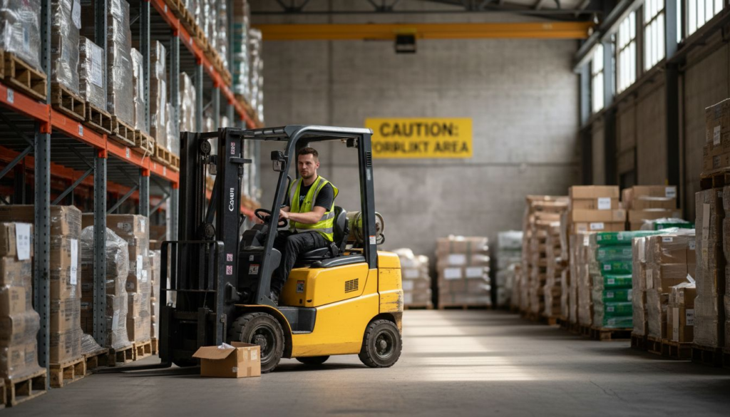 Warehouse forklift operator among safety hazards