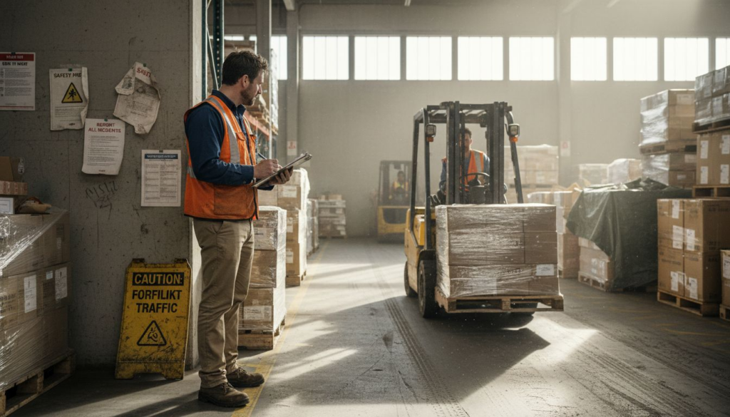Supervisor overseeing forklift safety in warehouse