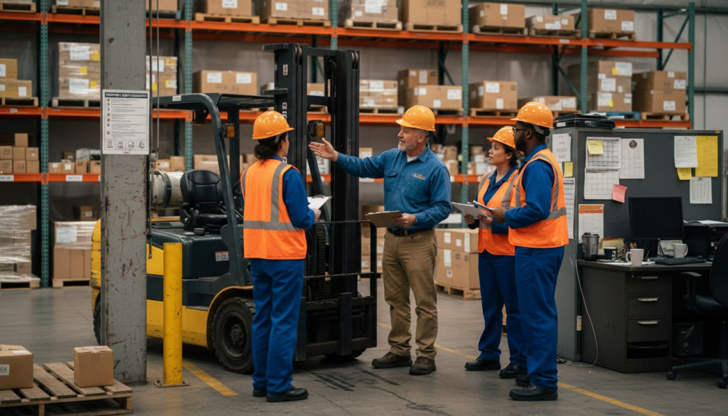 Forklift trainer instructing workers in warehouse
