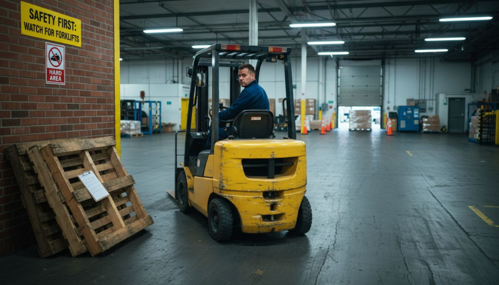 Forklift driver in active warehouse with safety signs