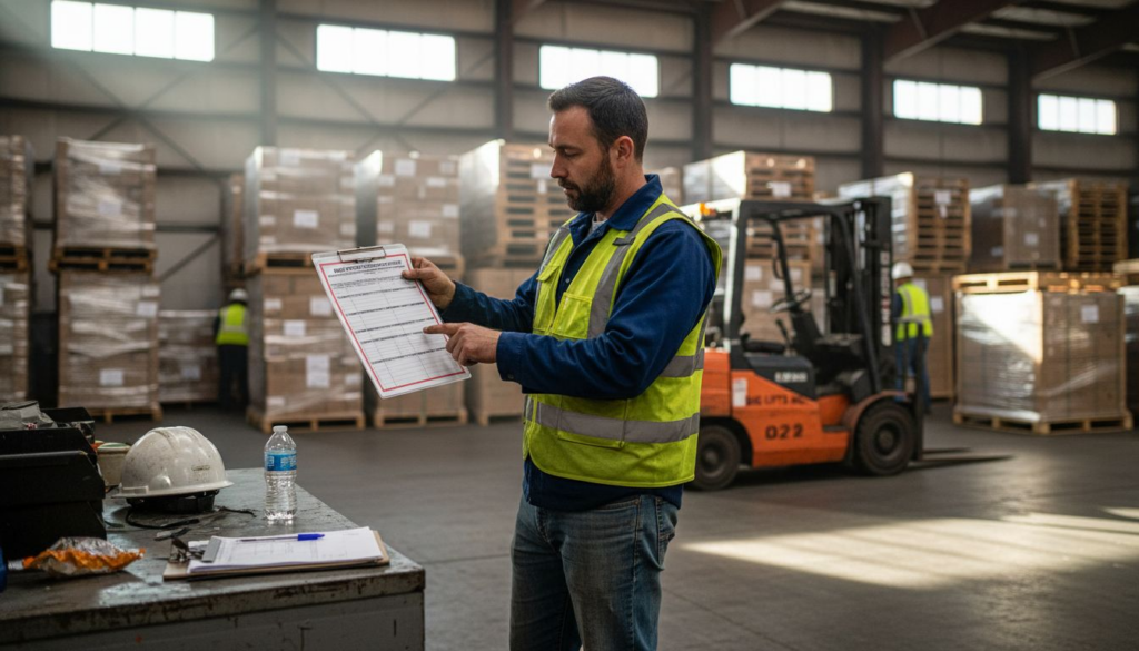 Forklift operator reviewing OSHA checklist