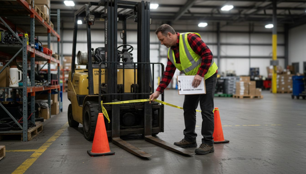 Supervisor marking forklift inspection area in warehouse