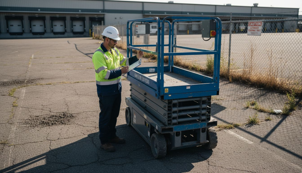 Worker inspecting scissor lift at job site