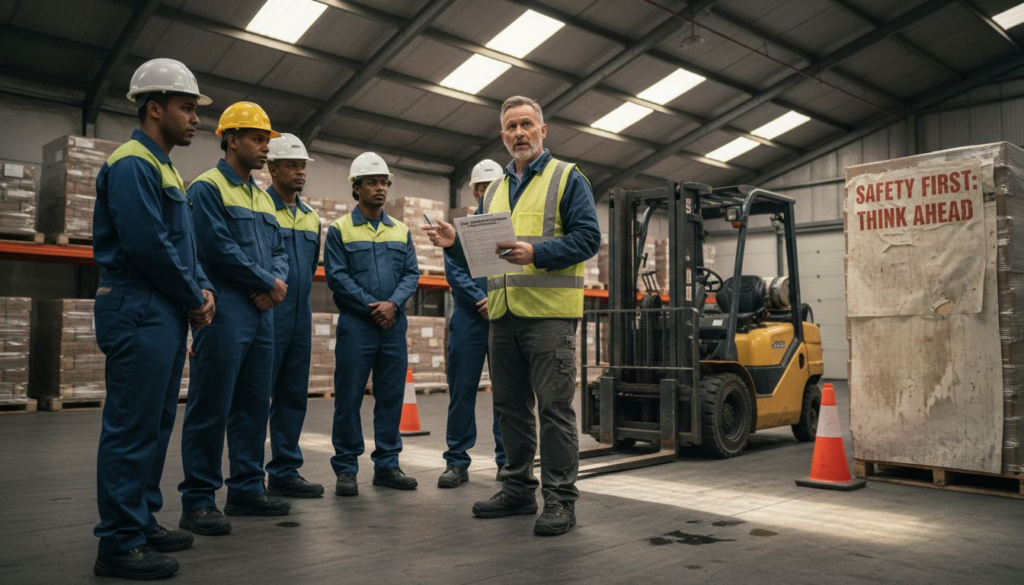 Safety trainer instructs forklift workers in warehouse