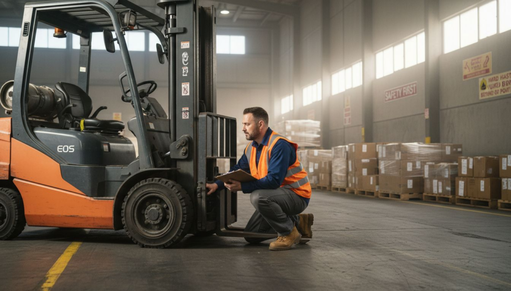 Forklift operator inspecting forklift in warehouse